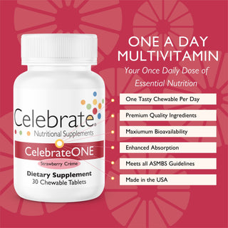 Celebrate Vitamins CelebrateOne Bariatric One a Day Multivitamin Chewable, Iron Free, Strawberry - 30 count bottle with key features on red background