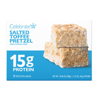 Celebrate Vitamins 15g Salted Toffee Pretzel protein bars for bariatric surgery patients, 7 count box