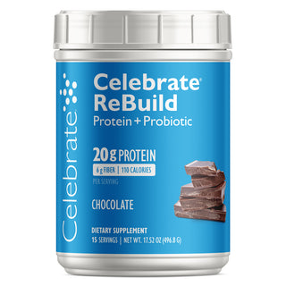 Celebrate Vitamins ReBuild Bariatric Protein + Probiotic Chocolate Protein Powder tub on white background