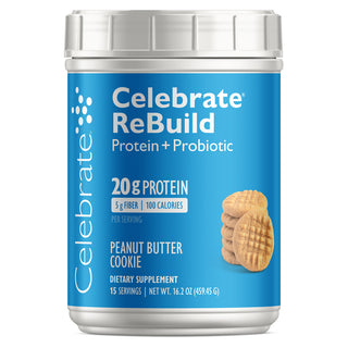 Celebrate Vitamins ReBuild Protein Powder + Probiotic, Peanut Butter Cookie, 15 serving tub on white background