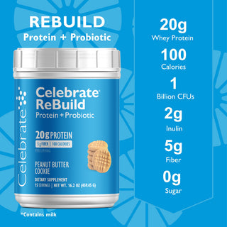 Celebrate ReBuild Protein Powder + Probiotics with 20g Protein, Peanut Butter Cookie, important features