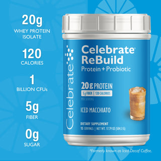 Celebrate ReBuild Protein Powder + Probiotics with 20g Protein, Iced Macchiato flavor, important features