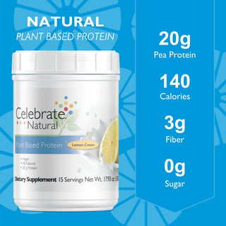 Photograph of Celebrate's vegan protein powder in Lemon Cream flavor Key Nutritional information