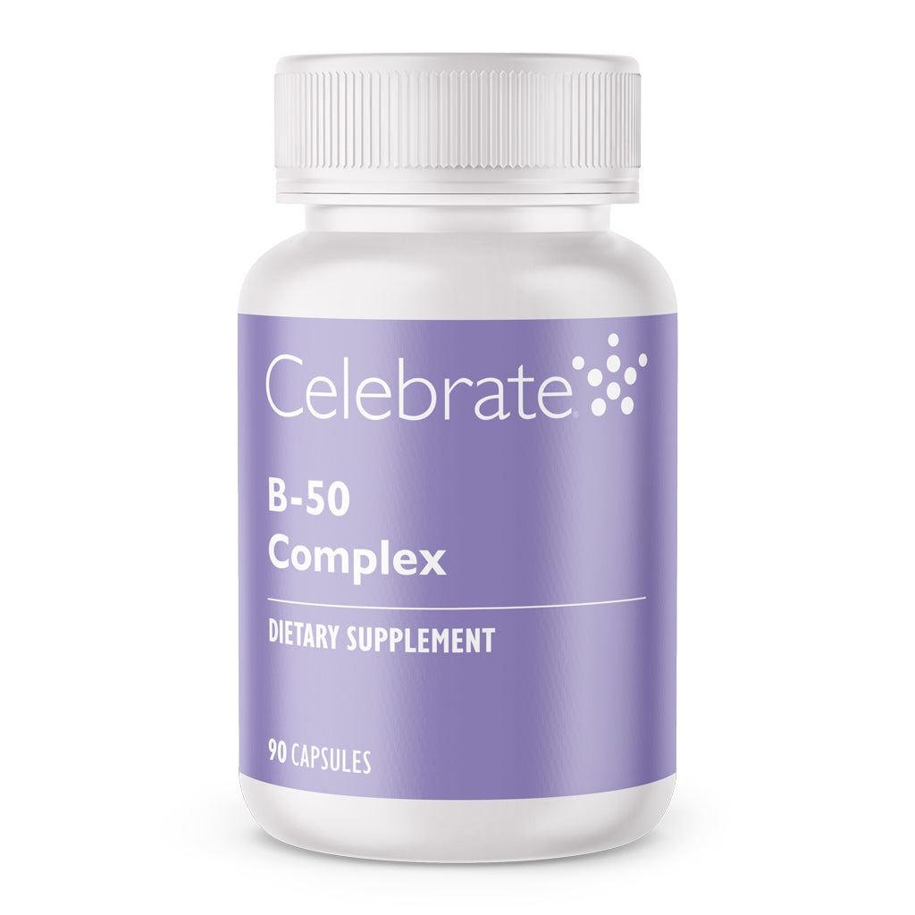 Celebrate Vitamins vitamin B-50 Complex capsules dietary supplement - 90 count bottle on white background