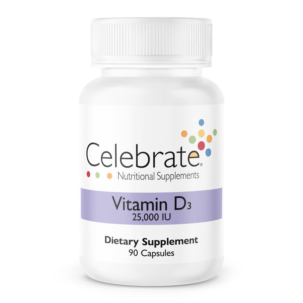 Celebrate Vitamins Vitamin D3 25000 IU capsules, 90 count bottle on white background