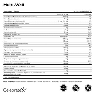 Nutritional label for a supplement product with various vitamins and minerals listed, featuring the brand 'Celebrate'.