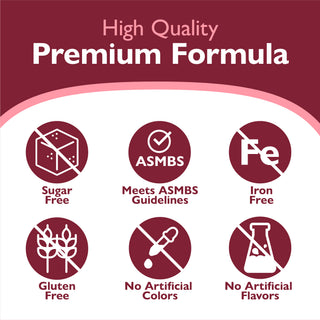 High quality premium formula icons and text indicating high quality, premium formula Icons sugar free, meets asmbs guidelines, gluten free, no artificial colors or flavors