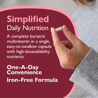 Multivitamin capsule being held with promotional text about simplified daily nutrition on a red background.