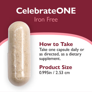 Dietary supplement capsule with 'CelebrateONE' branding and product details on a red and white background.