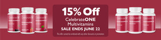 Advertisement for CelebrateONE multivitamins with a 15% off discount offer on a red background.