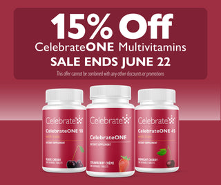 Advertisement for CelebrateONE Multivitamins with a 15% off sale on a red background.