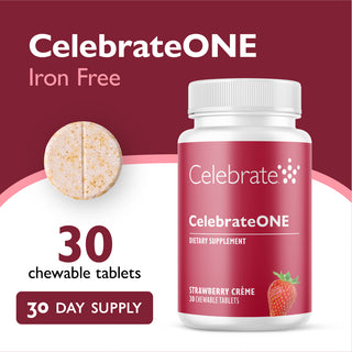 CelebrateONE dietary supplement bottle with strawberry crème flavor on a red background