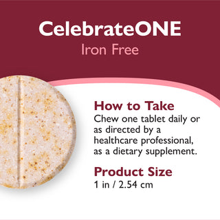 Supplement tablet with 'CelebrateONE Iron Free' branding and usage instructions on a red and white background.