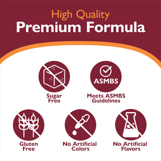 High quality premium formula icons and text indicating high quality, premium formula Icons sugar free, meets asmbs guidelines, gluten free, no artificial colors or flavors