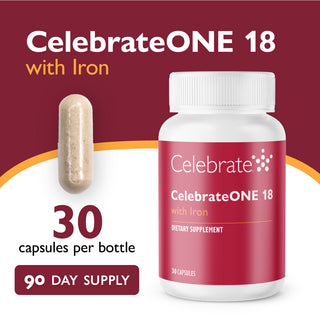 CelebrateONE 18 dietary supplement bottle with capsule on a red background