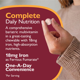 Multivitamin supplement with text about complete daily nutrition, iron content, and convenience.