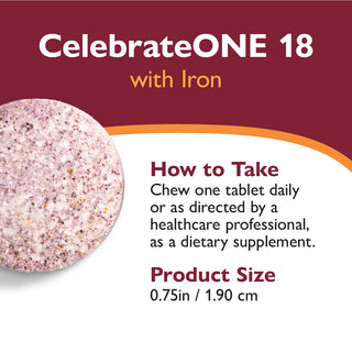 Supplement tablet with text about 'CelebrateONE 18' and usage instructions on a red and white background.