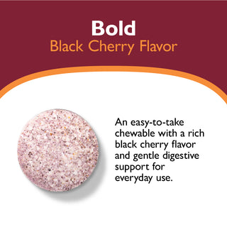 Chewable supplement with black cherry flavor on a maroon background