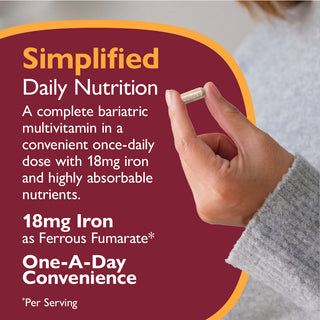 Multivitamin supplement with text about iron content and daily convenience on a maroon background.