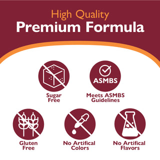Product label with icons and text indicating high quality, premium formula with various dietary restrictions.