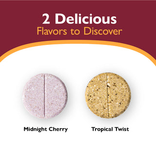 Two colorful pills labeled 'Midnight Cherry' and 'Tropical Twist' on a white background with a red banner.