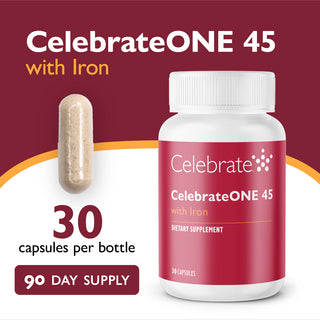 CelebrateONE 45 with Iron dietary supplement bottle and capsule on a red background