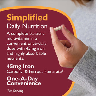 Multivitamin supplement with text about iron content and convenience