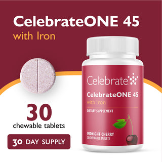 CelebrateONE 45 with Iron dietary supplement bottle on a red background