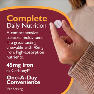 Multivitamin packaging with text about complete daily nutrition, 45mg iron, and one-a-day convenience.
