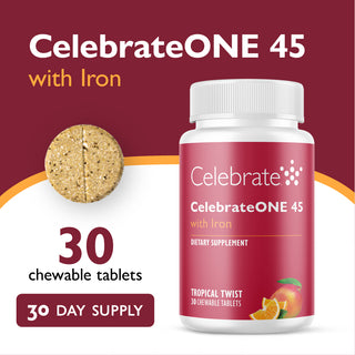 CelebrateONE 45 with Iron dietary supplement bottle on a red background