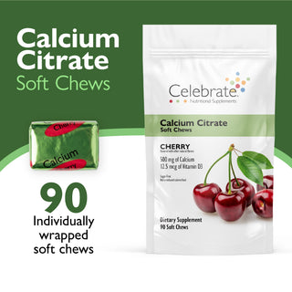 Celebrate Calcium Citrate Soft Chews packaging with cherry flavor on a green background
