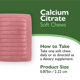 Pink calcium citrate soft chew with product information on a green and white background