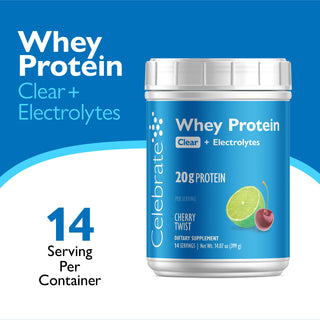 Celebrate Whey Protein Clear + Electrolytes container with blue label and cherry twist flavor indication.
