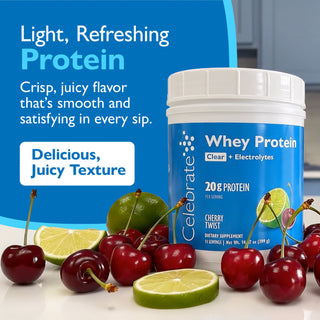 Celebrate Cherry Twist Clear Whey Protein container with cherries and lime slices on a white surface, against a blue background with promotional text.