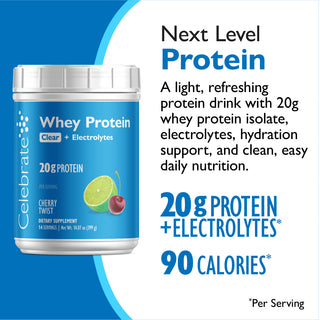 Celebrate Whey Protein container with blue label and cherry twist flavor illustration on a white background.
