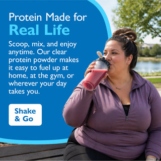 Woman drinking a protein shake with promotional text about protein powder on a blue background