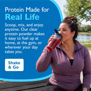 Woman drinking a protein shake with promotional text about protein powder on a blue background
