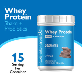 Whey Protein Shake Chocolate on a white and blue background showing 15 servings
