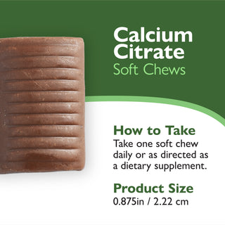 Calcium Citrate Soft Chews packaging with product details on a green and white background