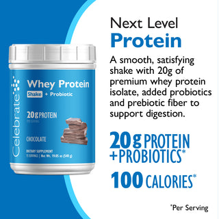 Celebrate Whey Protein Shake + Probiotic container with blue label on a white background