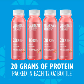 Four bottles of Celebrate CLR Protein Water on a blue background with promotional text.