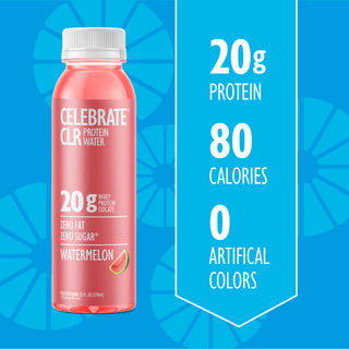 Protein water bottle with nutritional information on a blue background