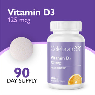 Celebrate Vitamin D3 125 mcg dietary supplement bottle with a white cap and lavender label, shown on a purple and white background with a round tablet and text reading 90 day supply.