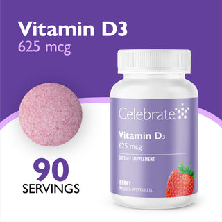 Celebrate Vitamin D3 625 mcg dietary supplement bottle with berry flavor, shown alongside a pink tablet and text indicating 90 servings on a purple and white background.