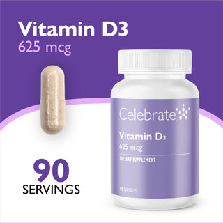 Celebrate Vitamin D3 dietary supplement bottle with a single capsule shown beside it on a purple and white background. Text reads 'Vitamin D3 625 mcg' and '90 Servings'.