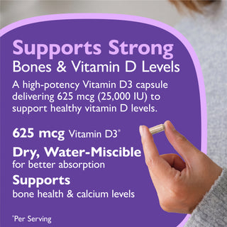 A purple informational graphic with text about a high-potency Vitamin D3 capsule and a hand holding a small beige capsule. The text highlights support for strong bones and vitamin D levels, 625 mcg Vitamin D3, and dry, water-miscible absorption.