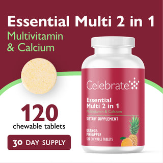 Celebrate Essential Multi 2 in 1 multivitamin and calcium supplement bottle with packaging details on a red background.