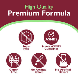 Product label with icons and text indicating high quality, premium formula with various dietary restrictions and guidelines.