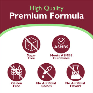 High quality premium formula icons and text indicating high quality, premium formula Icons - sugar free, meets asmbs guidelines, gluten free, no artificial colors or flavors