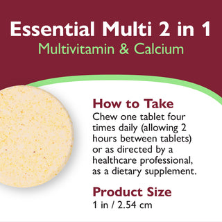 Multivitamin and calcium supplement packaging with text on how to take and product size.